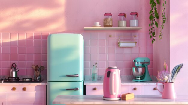 3D render of a cozy kitchen featuring an iconic pastel fridge blender and toaster