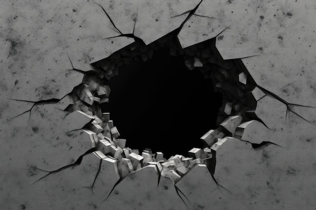 A 3d render of a cracked wall with a hole in it.