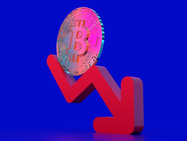 3d rendering crash bitcoin su sfondo blu caduta cripto luce neon