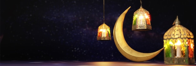 3D Render of Crescent moon and illuminated lanterns 