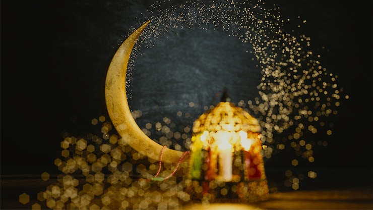 फोटो 3d render of crescent moon with bokeh effect