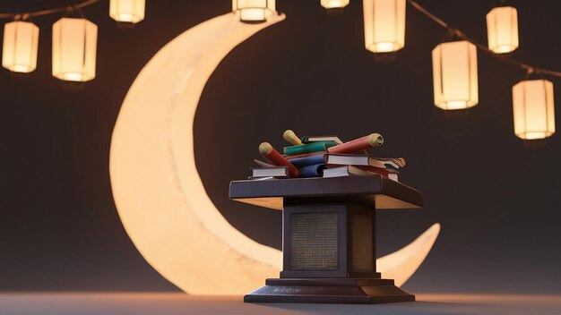 Photo 3d render of crescent moon with illuminated lanterns and rehal