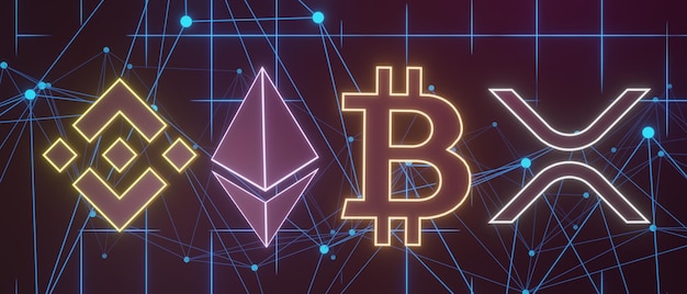 3D-рендеринг криптовалюты Bitcoin, Ethereum, Binance и Ripple с технологической сетью неонового лазерного света. Концепция цифровой валюты криптовалюты. Новая биржа виртуальных денег в блокчейне.