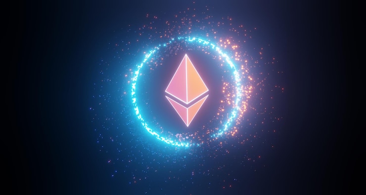 Photo 3d render of cryptocurrency ethereum or eth coins with technology network neon laser light. cryptocurrency digital currency concept. new virtual money exchange in blockchain.