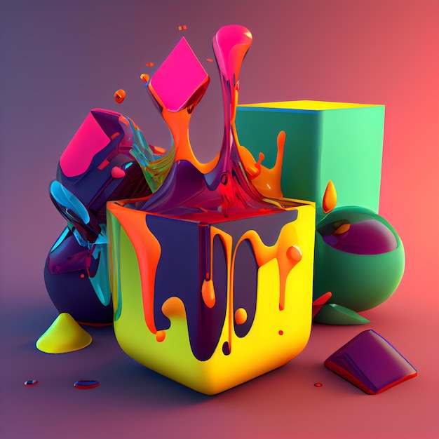 Foto rendering 3d del cubo con spruzzi di vernice colorata su di esso