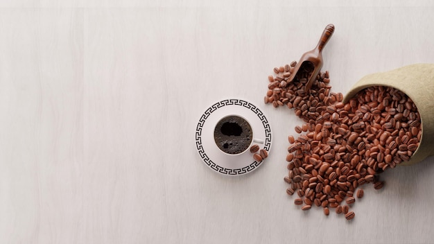 3d render a cup of coffee with coffee beans