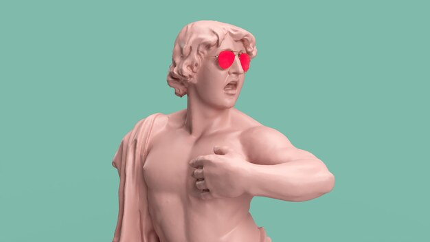 3D рендеринг кудрявый розовый мужчина в розовых солнцезащитных очках удивленно крича поднял руку