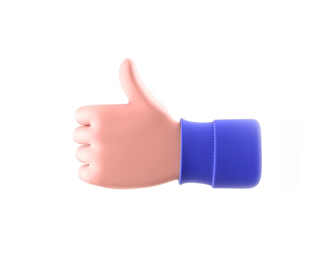 3D 렌더링은 고객의 손이 색 배경에 고립된 몸짓처럼 엄지손가락을 올리는 것입니다.