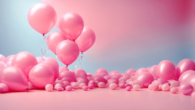 3d render of a cute advertising banner Pink shiny balloons on strings balloons of different sizes