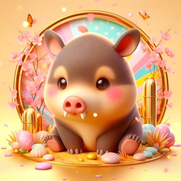 3D render of a cute Babirusa with colorful background