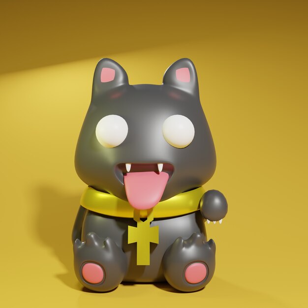 3d render cute black cat with egyptian necklace in yellow background