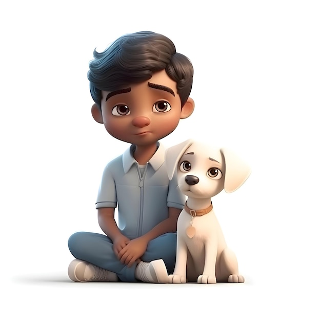 3D Render of a cute boy with a dog on white background