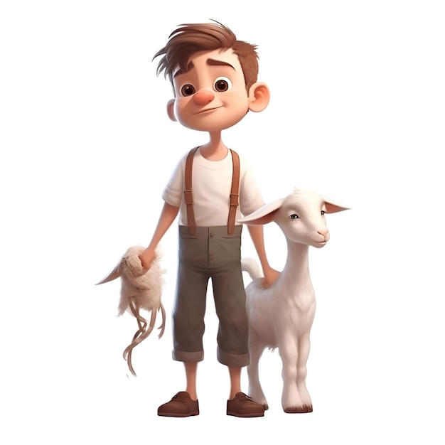 3d render of a cute boy with a goat on a white background