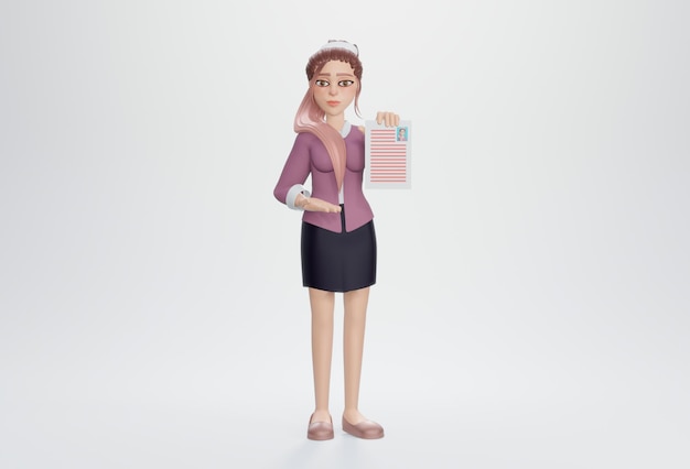 3d render Cute businesswoman cartoon character holds badge holds resume