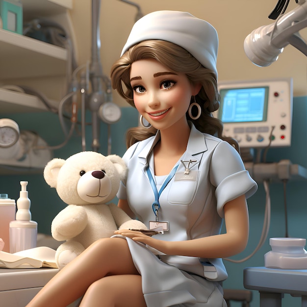 Photo 3d render of a cute cartoon girl in a dental clinic