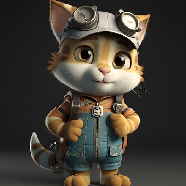 3D Render of a Cute Cartoon Kitten in a Pilot Costume