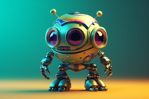 カラフルな背景に分離されたかわいい漫画のロボットの 3 d レンダリング