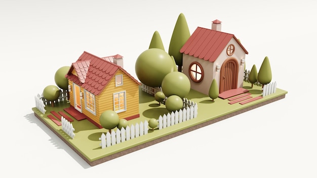 3 d レンダリングかわいいエコハウス窓とドアを持つ現代の漫画の家不動産のコンセプト