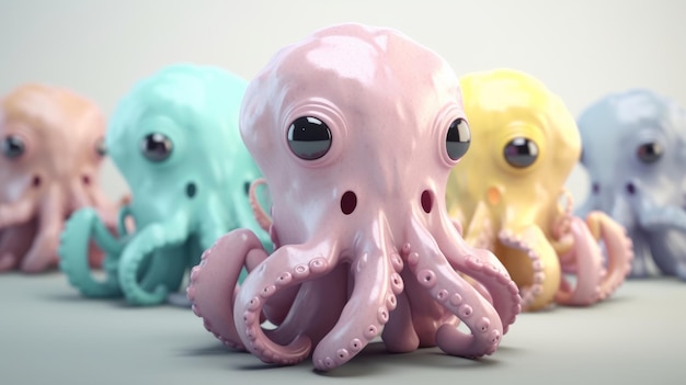 3d render of cute funny octopuses squids in pastel colors