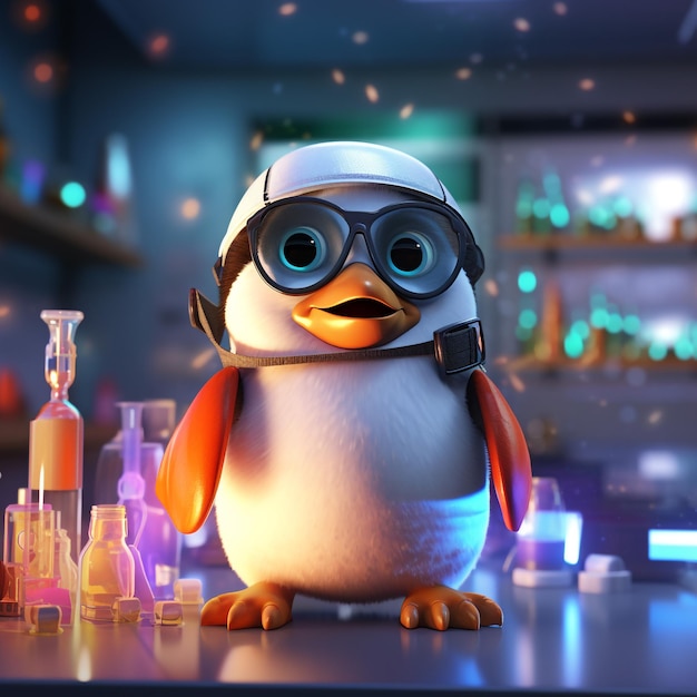 a 3d render of a cute fuzzy pet penguin dressed