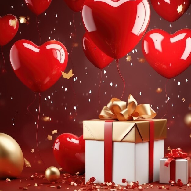 3d render cute gift box with heart balloons copy space background