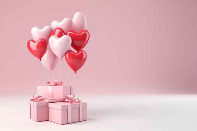 3D рендеринг милая подарочная коробка с воздушными шарами сердца копировать пространство фона