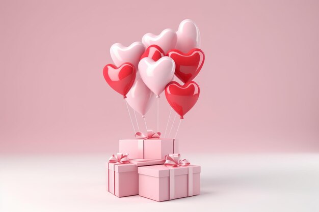3d render cute gift box with heart balloons copy space background