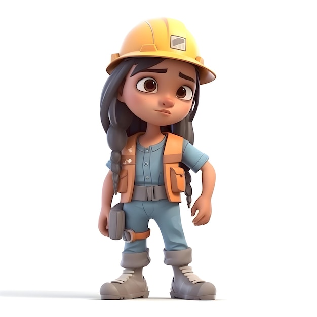 3D Render of a Cute Girl construction worker on white background