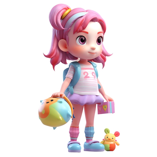 3D Render of a cute girl with a backpack and a toy