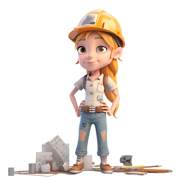 Foto rendering 3d di una ragazza carina con un cantiere su sfondo bianco