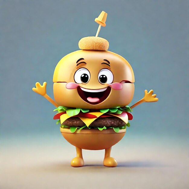 Foto 3d render cute e felice personaggio di cartone animato hamburger generato da ai