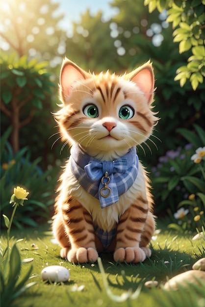 3d render cute kitten sitting outdoors in nature on grass observing the garden in the beautiful day