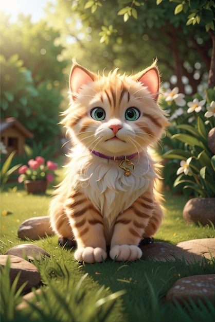 3d render cute kitten sitting outdoors in nature on grass observing the garden in the beautiful day