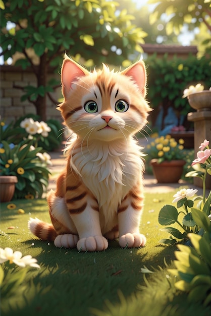 3d render cute kitten sitting outdoors in nature on grass observing the garden in the beautiful day