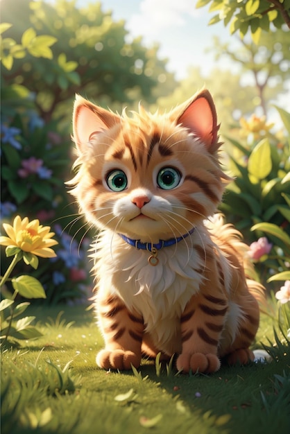 3d 렌더링 귀여운 새끼 고양이는 아름다운 날에 정원을 관찰하는 잔디에 야외에 앉아 있습니다.