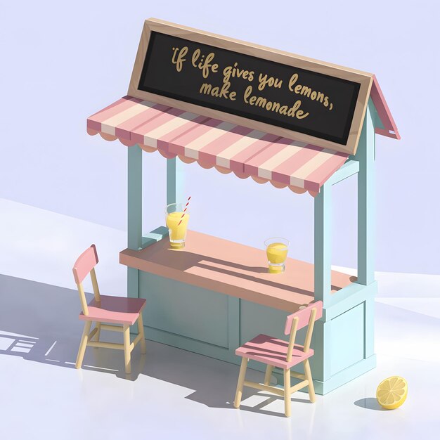 Photo 3d render of a cute lemonade stand with a funny twist quote