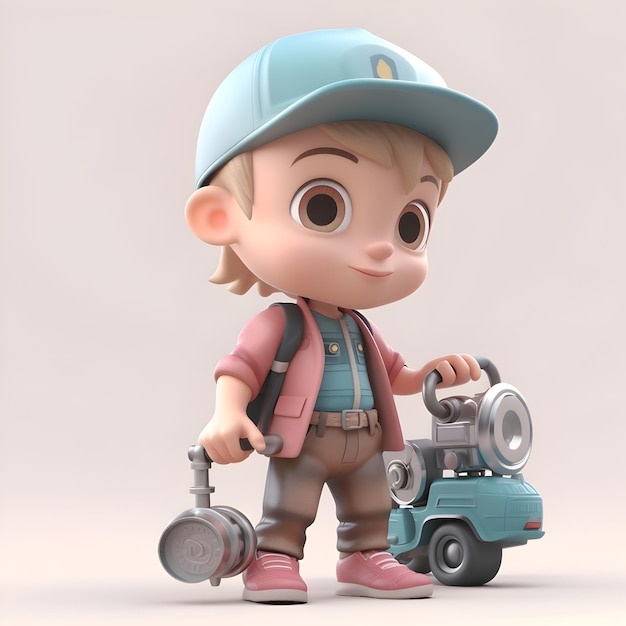 3D Render of a Cute Little Boy with a Toy Truck