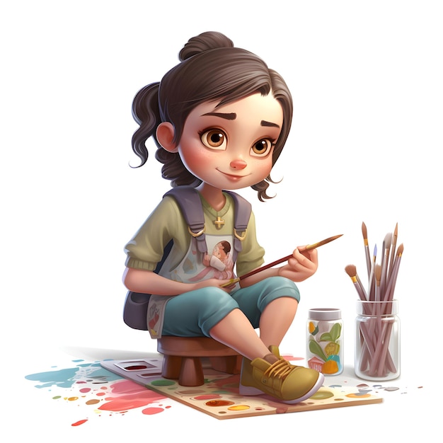 3D Render of a Cute Little Girl Painting with Paintbrush