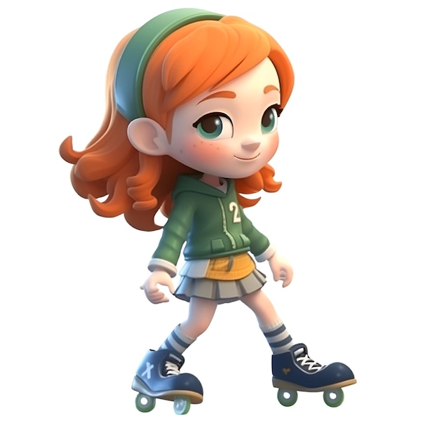 3D Render of a Cute Little Girl Skating with Roller Skates