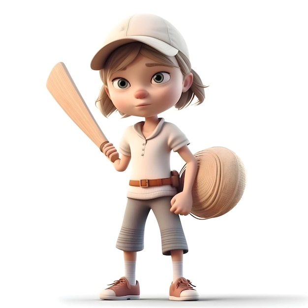 3D Render of a Cute Little Girl with Baseball Bat and Hat