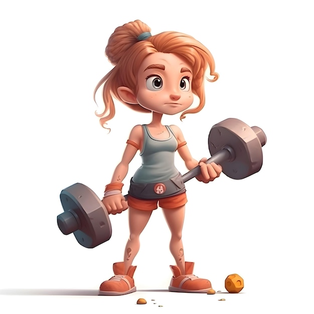 3D Render of a Cute Little Girl with a Dumbbell