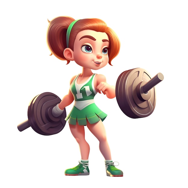 Photo 3d render of a cute little girl with dumbbells