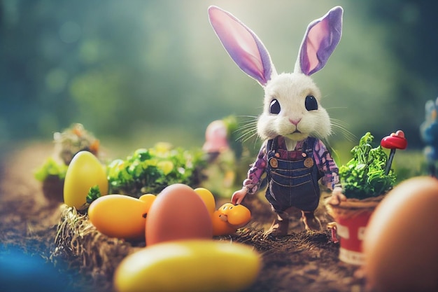 3D render cute little rabbit peasant dressed in overalls in garden full of vegetable and easter eggs