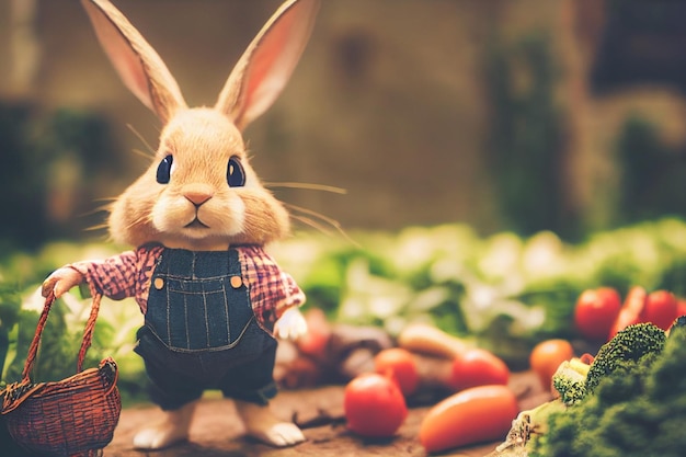 3D render cute little rabbit peasant dressed in overalls in garden full of vegetable and easter eggs