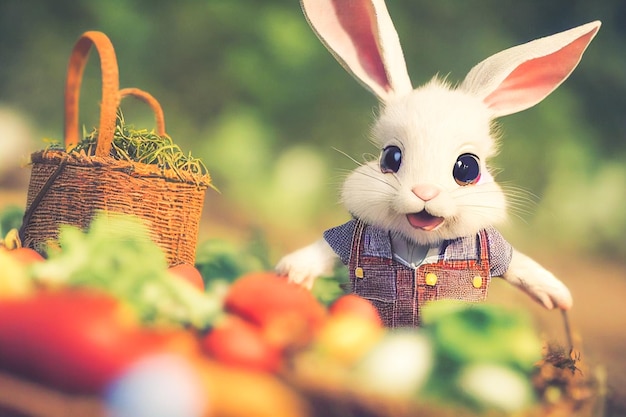 3d render cute little rabbit peasant dressed in overalls in garden full of vegetable and easter eggs