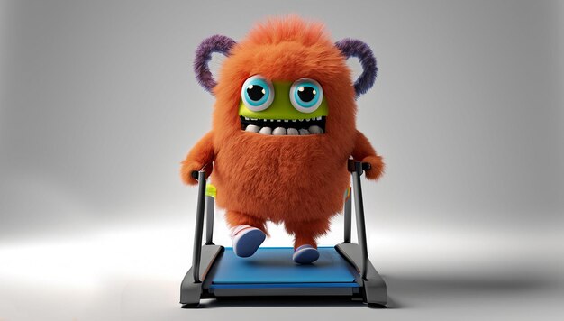3d render cute monster walks on treadmill furry monster cartoon character training generative Ai