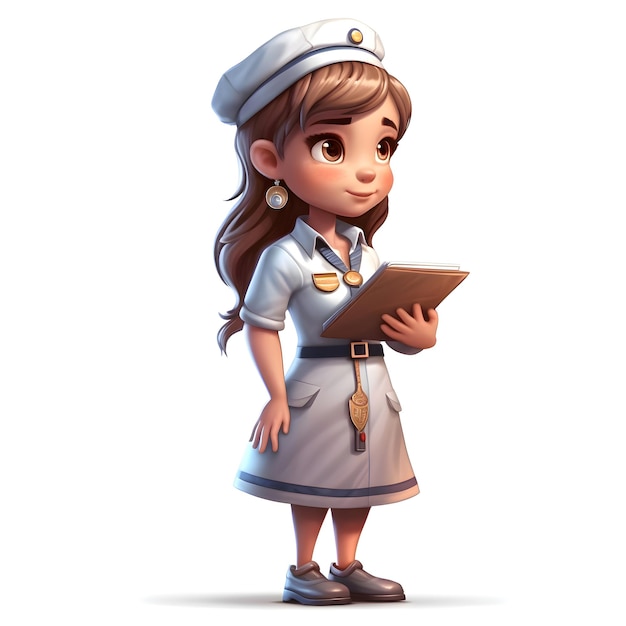 3D Render of a cute nurse with a clipboard on white background