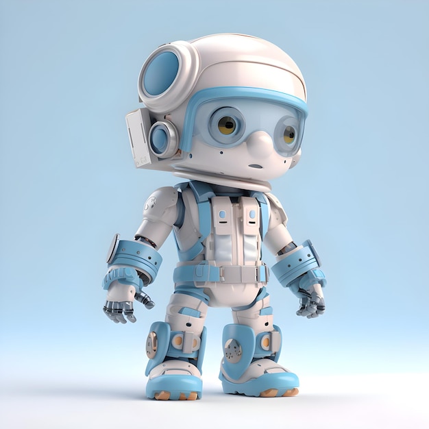 コピー スペースを持つ青い背景にかわいいロボットの 3 D レンダリング