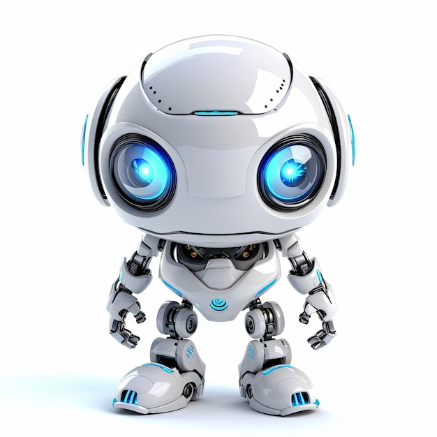 3D render of a cute robot with blue eyes