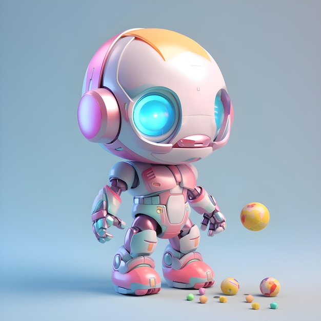 Photo 3d render of a cute robot with headphones and planets